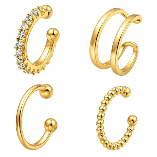 4Pcs Cuff Earrings Non Piercing 14k Gold Plated Ear Cuff Fake Earrings Lightweight Adjustable Ear Clip on Earring for Women Trendy Jewelry Gifts