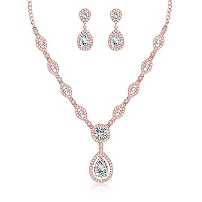 GULICX AAA Cubic Zirconia CZ Silver Plated Base Women's Party Jewelry Set Earrings Pendant Necklace - color: Rose gold Plated
