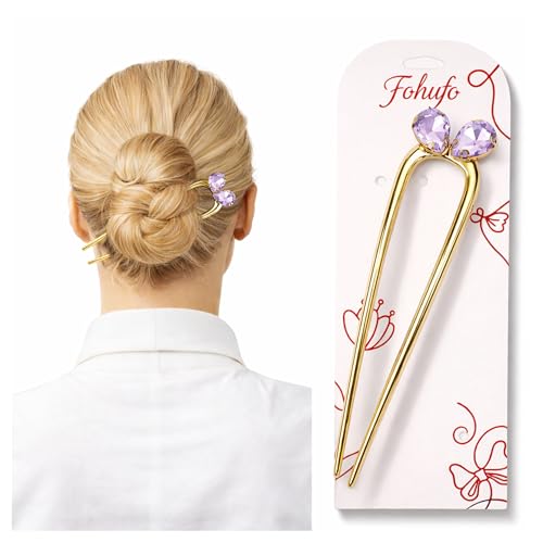 French Hair Pin for Women - U Shaped Hair Pins Fashion Accessories, Gold Fashion Amethyst Hair Pins for Women, French Twist Hair Pin for Buns, Updos, Stylish and Functional, February Birthstone - color: February-Amethyst