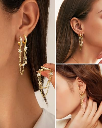 Tassel Chain Small Gold Hoop Dangle Earring For Women Huggie Earring Heart Star CZ 14K Gold Plated Fashion Jewelry Graduation Gift for Her Mothers Day Gifts for Mom - color: Double-Star-Gold