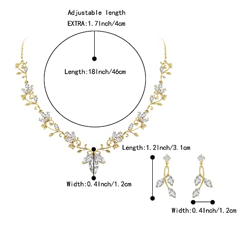 Wedding Jewelry Set for Women CZ Teardrop Flower Leaf Filigree Necklace Earrings Party Prom Accessories - color: Gold-tone