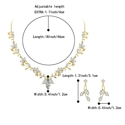 Wedding Jewelry Set for Women CZ Teardrop Flower Leaf Filigree Necklace Earrings Party Prom Accessories - color: Gold-tone