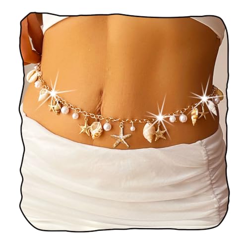 Seashell Starfish Waist Chain for Women Boho Conch Body Chains Gold Belly Chain Summer Beach Pearl Body Jewelry - style: 1-Layer