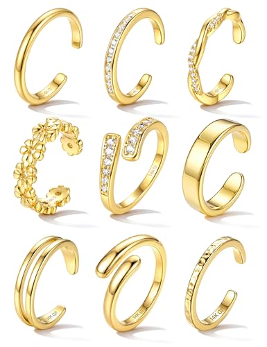 FASACCO 9Pcs 14K Gold Filled Toe Rings Non Tarnish Toe Rings for Women | Adjustable Open Band Ring, Silver Plated Toe Ring, Waterproof Summer Beach Foot Jewelry - color: 14K Gold-CZ