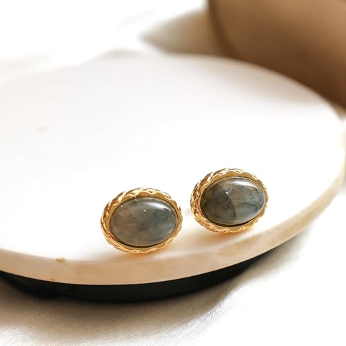 Gempires Bold Oval Gemstone Stud Earrings for Women – Natural Healing Stone Jewelry 14K Gold-Plated Hypoallergenic Tarnish-Resistant – Bold Statement Studs Gift for Her - style: Labradorite