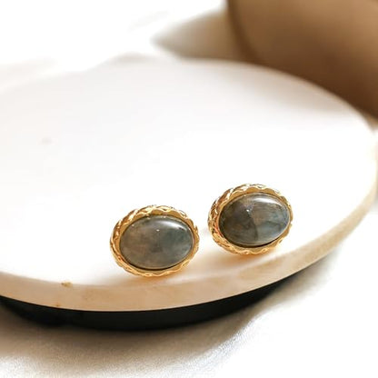 Gempires Bold Oval Gemstone Stud Earrings for Women – Natural Healing Stone Jewelry 14K Gold-Plated Hypoallergenic Tarnish-Resistant – Bold Statement Studs Gift for Her - style: Labradorite