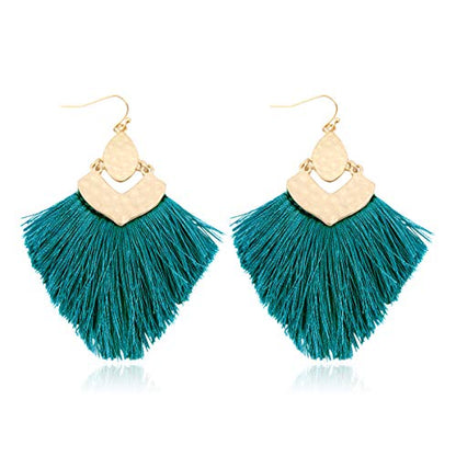 Bohemian Thread Tassel Drop Earrings - Geometric Petal Fan Fringe Feather Statement Chandelier Duster Dangles - color: Boho Tassel Chandelier - Teal
