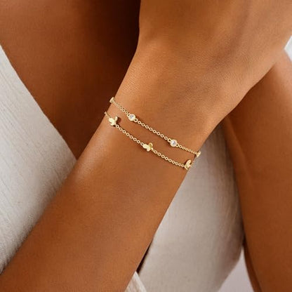 Turandoss Bracelets for Women Trendy | 14K Gold Plated, Dainty CZ Satellite Beads Heart Bracelet Stackable Link Chain Butterfly Bracelet Set Jewelry Gifts - color: Cubic Zircon Butterfly Link Bracelet