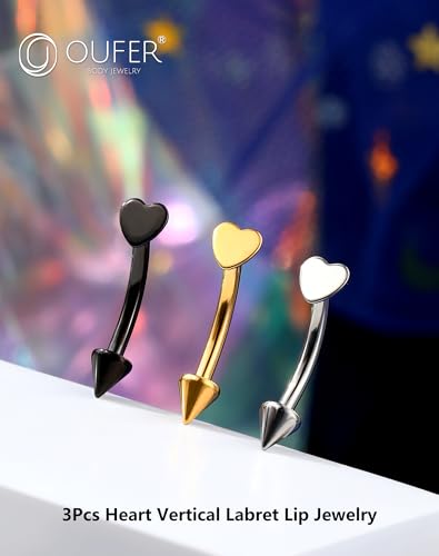 OUFER Rook Piercing Jewelry, G23 Solid Titanium Eyebrow Rings, Heart Vertical Labret Lip Jewelry, 16G Curved Barbells, Daith Rook Earrings for Women Men - color: Gold Black Silver Heart, size: 16G 8mm