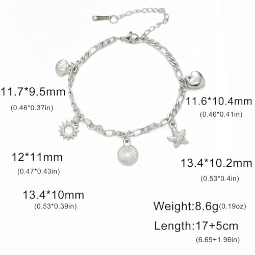 Jude Jewelers Stainless Steel Summer Holiday Clam Sun Heart Charms Strand Bracelet - color: Silver