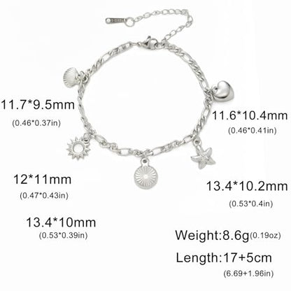 Jude Jewelers Stainless Steel Summer Holiday Clam Sun Heart Charms Strand Bracelet - color: Silver