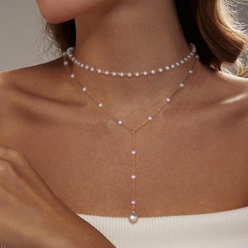 Boho Pearl Y Lariat Necklace Gold Pearl Y Necklace Layered Pearl Choker Necklace Wedding Pearl Pendant Necklace Long Pearl Drop Necklace Jewelry for Women