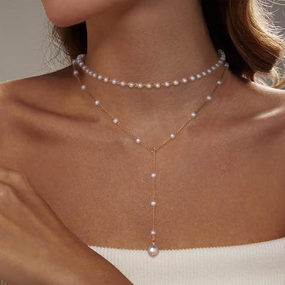 Boho Pearl Y Lariat Necklace Gold Pearl Y Necklace Layered Pearl Choker Necklace Wedding Pearl Pendant Necklace Long Pearl Drop Necklace Jewelry for Women