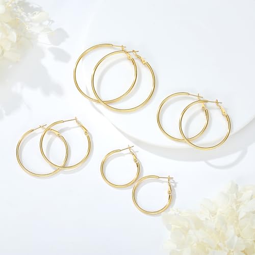 4 Pairs Silver Gold Hoop Earrings for Women | 14K Gold Plated Hoop Earrings Set Hypoallergenic Earring Lightweight Dangle Earrings Set - color: 4 Pairs Gold-30/40/50/60mm