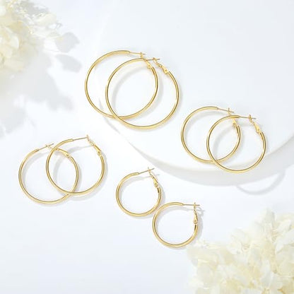 4 Pairs Silver Gold Hoop Earrings for Women | 14K Gold Plated Hoop Earrings Set Hypoallergenic Earring Lightweight Dangle Earrings Set - color: 4 Pairs Gold-30/40/50/60mm