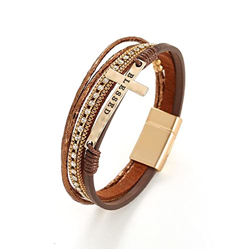 Bohemian Faux Leather Wrap Multi Layer Statement Bracelet Cross Christian Religious Leatherette Cuff Crystal Rhinestone Metallic Bead Inspirational Bracelets - color: G