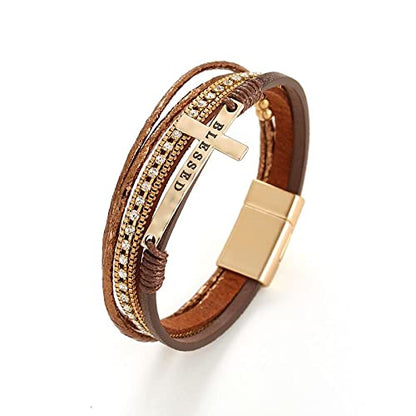 Bohemian Faux Leather Wrap Multi Layer Statement Bracelet Cross Christian Religious Leatherette Cuff Crystal Rhinestone Metallic Bead Inspirational Bracelets - color: G