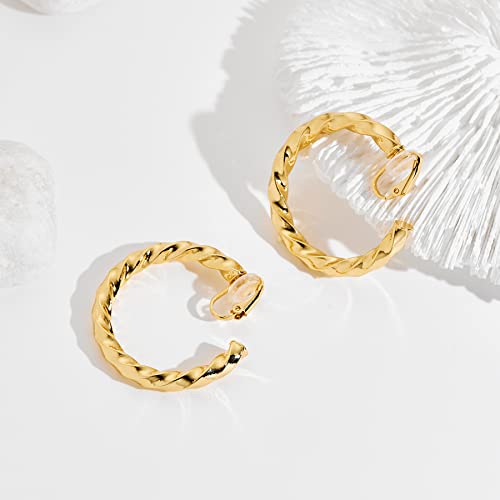 WOWORAMA Chunky Gold Hoop Clip On Earrings for Women | Large Chunky Hoops Clips Earrings, Polished Gold-Plated Clip-On Hoops, Statement Non Pierced Jewelry - color: 40mm Twisted Hoops