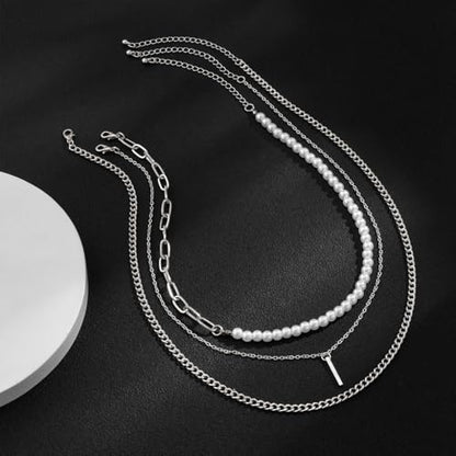 Layered Gold Necklaces for Women Stackable Pearl Paperclip Chain Necklaces Adjustable Dainty Bar Pendant Necklaces Trendy Everyday Jewelry Gifts - color: Silver
