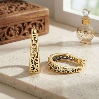 14K Gold Earrings for Women Gold Filigree/Celtic Huggie Earrings Jewelry Easter Mothers Day Gifts for Mom Girlfriend - style: Filigree-A