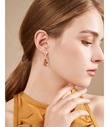 Bridal Jewelry Set for Wedding - 18k Plated Teardrop CZ Crystal Cubic Zirconia Rhinestone Necklace Earrings Set for Bride Bridesmaids Mother of Bride Party Prom Birthstone Costume Jewelry - color: Nov-Citrine