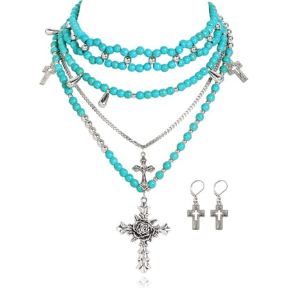Bocar Gothic Cross Layered Pearl Necklace Chunky Statement Stacked Necklace Y2K Silver Layered Necklace for Women (NK-10769) - color: Tur