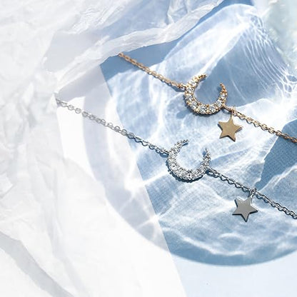 SUYACS 925 Sterling Silver Star Moon Bracelets for Women Mom | Dainty 14K Gold Plated Crescent CZ Link Bracelet Lucky Friendship Charm Chain Jewelry Birthday Gifts for Daughter Friends - color: Gold
