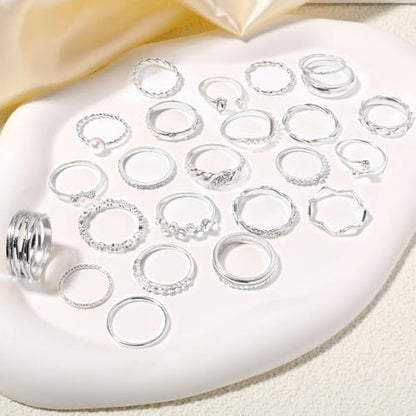 CHICUTIE Gold Knuckle Rings Set For Women Stackable Joint Finger Midi Rings Dainty Cubic Crystal Zirconia Simple Hollow Twist Cute Rings Pack Jewelry Gift - style: 47pcs Silver