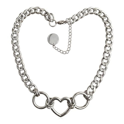 Slip Chain Necklace for Women Gothic Stainless Steel Bar Pendant Cuban Link Necklaces Adjustable Goth O Ring Long Necklaces Punk Rock Collar Choker Trendy Lariat Y Necklace - color: Silver heart ring