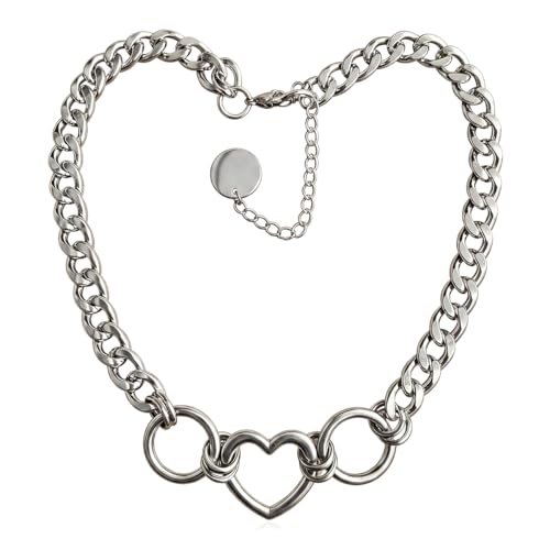 Punk O-Ring Choker Necklace for Women Men Non tarnish Chunky Stainless Steel Cuban Link Chain Collar Necklace Adjustable Goth Statement Jewelry Accessories - color: silver Heart ring