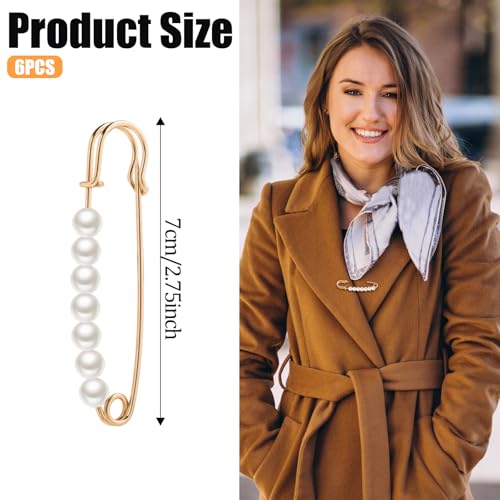 6 Pcs Faux Pearl Brooch Pins Decorative Safety Pins Pants Clips to Tighten Waist Sweater Shawl Clips Large Shawl Pins for Women Clothing Dress Pants Skirt Accessories Waist Extender Decoratine Pins
