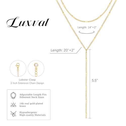 Luxval Lariat Gold Necklace for Women, Dainty Long Necklace 14k Gold Plated/Silver Y-Shaped Pendant Necklaces Trendy Beaded Chain Drop Necklaces Jewelry for Women Gifts - color: Gold-Y Layered Shinny Necklace