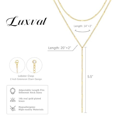 Luxval Lariat Silver Necklace for Women, Dainty Long Necklace Silver Y-Shaped Pendant Necklaces Trendy Beaded Chain Drop Necklaces Jewelry for Women Gifts - color: Gold-Shinny Layered