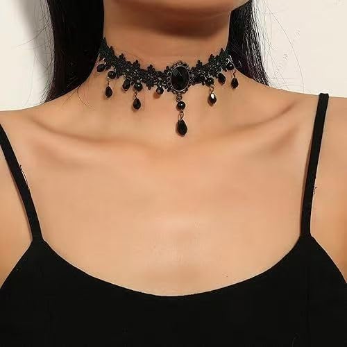 Women's Goth Accessories Set - Black Lace Fingerless Gloves and Velvet Choker Necklace for Halloween, Prom, 1920s Party & Gothic Cosplay