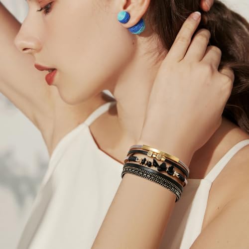 Wrapped Bracelets for Women,Leather Boho Bracelets for Women - color: Stone-Black