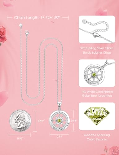 Meeshi Silver Compass Necklace for Women Birthday Gifts for Wife Anniversary Necklace for Women Rose Flower Birthstone Necklaces for Wife Jewelry for Womens Girlfriend Mom Daughter - style: 08-August-Peridot