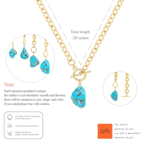 Zeffy 14K Gold/Silver Plated Chunky Thick Chain Toggle Clasp Necklace Dainty Baroque Pearl/Heart/Cross/Turquoise Pendant Necklace - color: Gold Turquoise Necklace