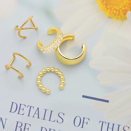 5 Pcs Thin Chunky Ear Cuff Earrings for Women 14K Gold Plated Brass Ear Cuffs Non Piercing Trendy Clip on Cartilage Earrings Cubic Zirconia Fake Piercings Earrings Jewelry - color: Style B,Chunky Gold