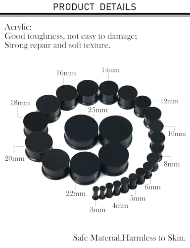 8G-25mm Black Soft Solid Silicone Ear Gauges Stretching Kit Double Flared Plugs Tunnels Expanders Stretcher Saddle Earrings Piercing Jewelry for Men Women Black White Flesh Skin Tone - color: Black 8G-25mm