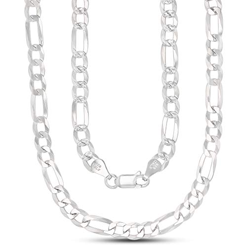 14K Gold or Rhodium Plated Silver Figaro Diamond Cut Pave Chain For Men | 1mm-13mm Thick | Solid 925 Figaro Italian Necklaces For Men - style: 5.50MM- White