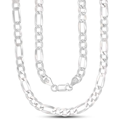 14K Gold or Rhodium Plated Silver Figaro Diamond Cut Pave Chain For Men | 1mm-13mm Thick | Solid 925 Figaro Italian Necklaces For Men - style: 5.50MM- White