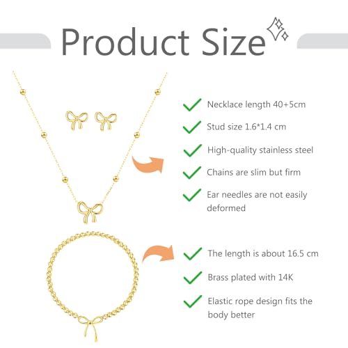 Gold Jewelry Set for Women Bow Necklace Bracelet Earrings Bowknot Jewelry | Small Bow Pendant Dainty Choker Necklaces 14K Gold Plated Beaded Stretch Bracelet Charm Christmas Thanksgiving Gifts