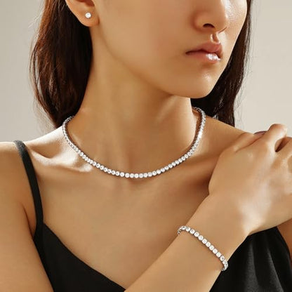 Tennis Jewelry Set for Women 4mm Cubic Zirconia Necklace Bracelet Earring 3Pcs Set Silver Tone Hypoallergenic Iced Out CZ Bridal Accessories Dainty Wedding Party Anniversary Birthday Gift for Her - color: silver 13 inches + 2 inches