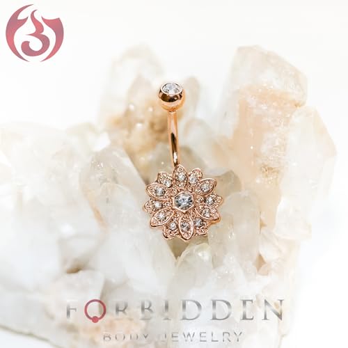Forbidden Body Jewelry Surgical Steel Crystal Paved Petite Flower Belly Ring with Crystal Center - color: Silver Tone/Aqua