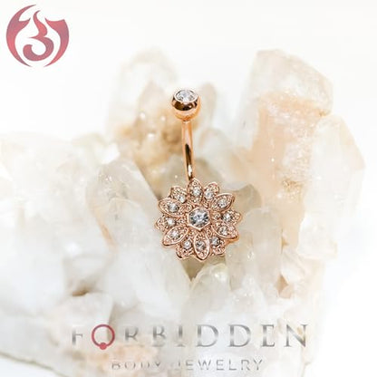 Forbidden Body Jewelry Surgical Steel Crystal Paved Petite Flower Belly Ring with Crystal Center - color: Silver Tone/Aqua