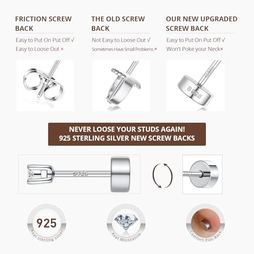 4 Pair Moissanite Stud Earrings,Flat Back Earrings for Women | 14K/White Gold Plated S925 Sterling Silver Flat Back Earrings Set, Hypoallergenic Cartilage Piercing Jewelry - color: White Gold