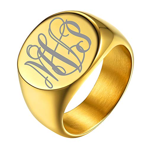GoldChic Jewelry Personalized Signet Rings Men Women, Stainless Steel Custom Photo Bold Square/Oval Monogram/Old English Initial Pinky Stacking Statement Ring in Black/Silver/Gold (Size 7-14) - color: Gold-Monogram -Round