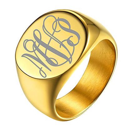 GoldChic Jewelry Personalized Signet Rings Men Women, Stainless Steel Custom Photo Bold Square/Oval Monogram/Old English Initial Pinky Stacking Statement Ring in Black/Silver/Gold (Size 7-14) - color: Gold-Monogram -Round