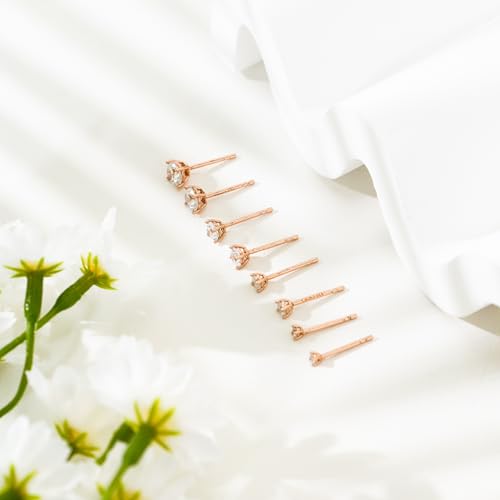 Gold Stud Earring Set for Women Men, Round CZ Earrings Hypoallergenic | 925 Silver Post , 4 Holes Small Studs Earrings Multiple Piercing Cartilage Tragus Trendy Post Cute Earrings Stacks Jewelry - color: Rose gold