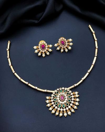 Antique Gold Plated Temple Jewellery Necklace Set with Earrings for Women, Traditional Indian Bridal Necklace Set, South Indian Choker Haram Style Jewellery Set, Ethnic Wedding Party Wear Necklace Set for Women - color: AD-Neck-174